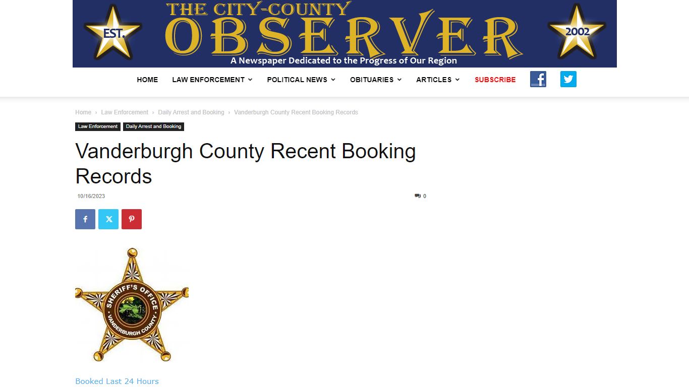 Vanderburgh County Recent Booking Records | City-County Observer